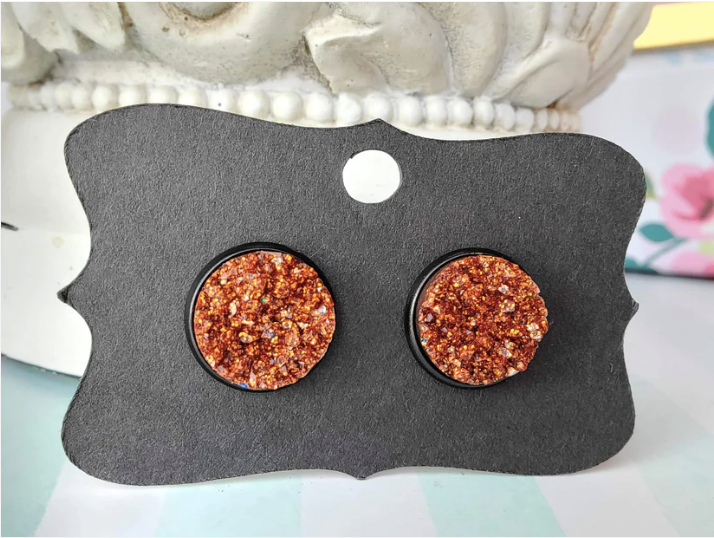 BURNT ORANGE GLITTER Black Bezel Druzy Earrings