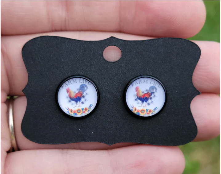 Chicken on the Farm Glass Cabachon Black Bezel Earrings- 12 mm ONLY!