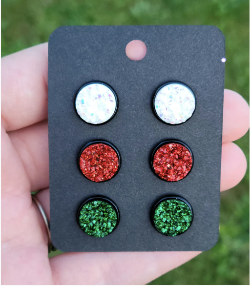 CHRISTMAS 3 Pack Black Bezel Druzy Earring Set