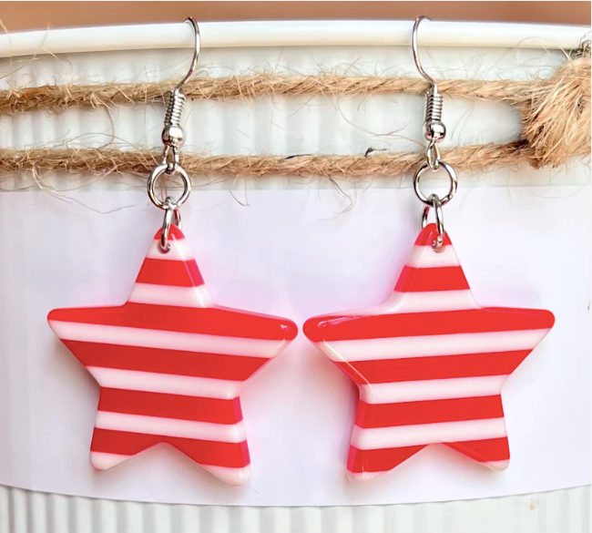 Red & White Stripe Star Acrylic Earrings