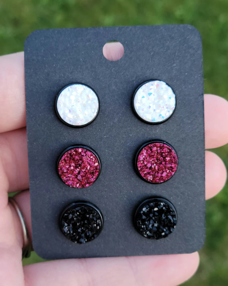 CRANBERRY CHRISTMAS 3 Pack Black Bezel Druzy Earring Set