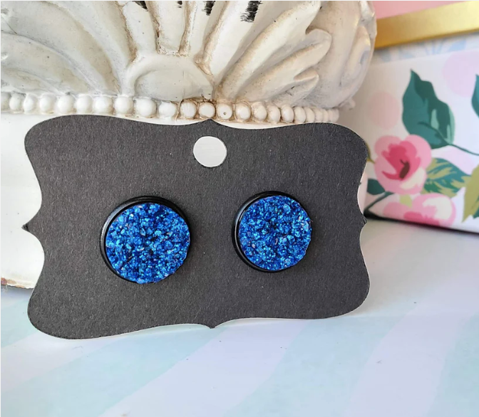 COLBALT BLUE GLITTER Black Bezel Druzy Earrings