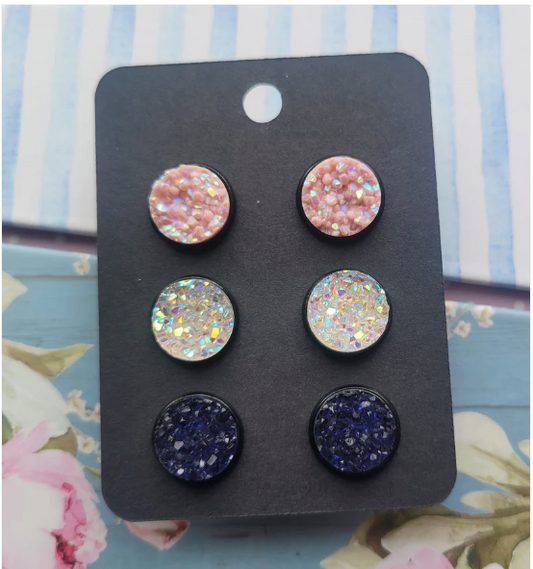 FAIRYTALES 3 Pack Black Bezel Druzy Earring Set- 12 MM