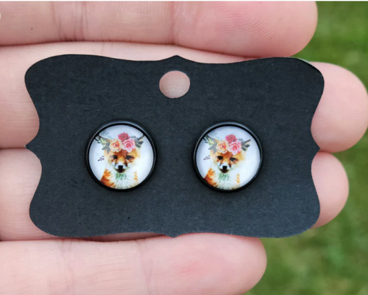 Fox Floral Glass Cabachon Black Bezel Earrings- 12 mm ONLY!