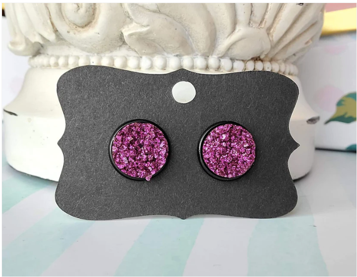 FUSCHIA GLITTER Black Bezel Druzy Earrings