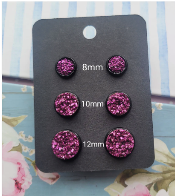 FUSCHIA GLITTER Black Bezel Druzy Earrings