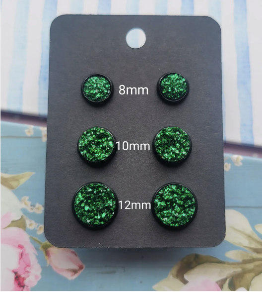 GREEN GLITTER Black Bezel Druzy Earrings