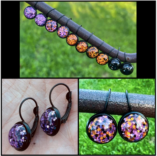 Halloween Glitter Black Bezel Lever-Back Earrings