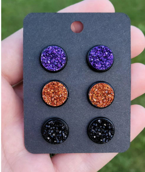 HALLOWEEN HORROR 3 Pack Black Bezel Druzy Earring Set