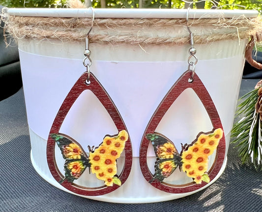 Sunflower Butterfly Teardrop Wooden Earrings