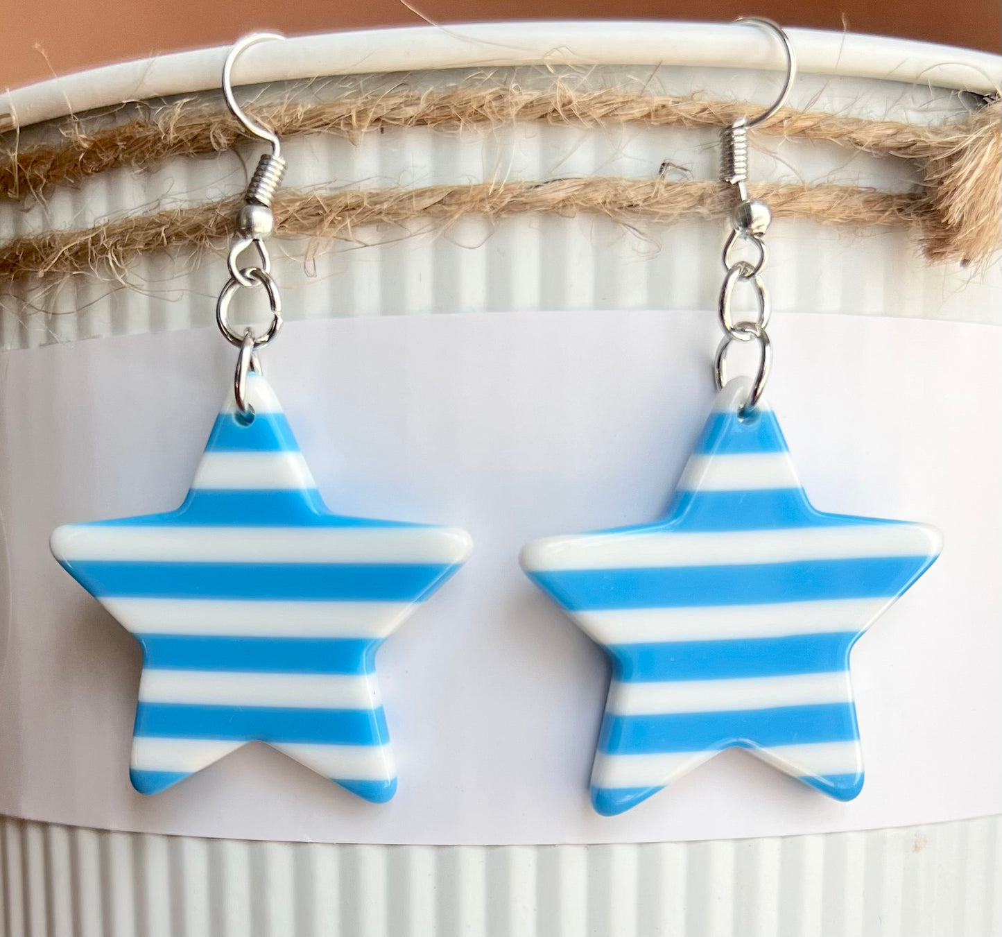 Blue & White Stripe Star Acrylic Earrings