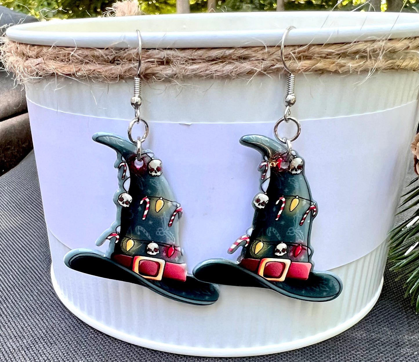 PREORDER CHRISTMAS ROUND ONE Goth Christmas Witches Hat Acrylic Earrings