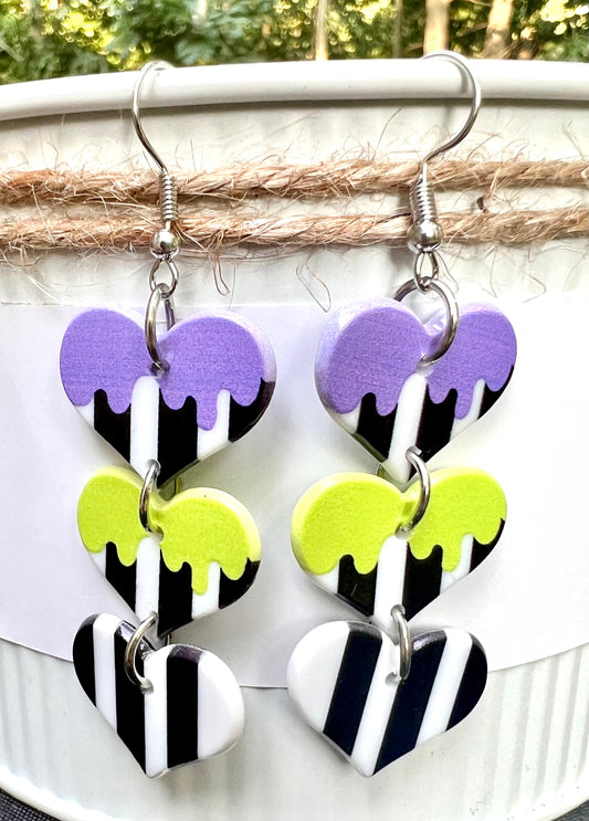 PREORDER HALLOWEEN ROUND TWO Halloween Striped Three Heart Acrylic Earrings