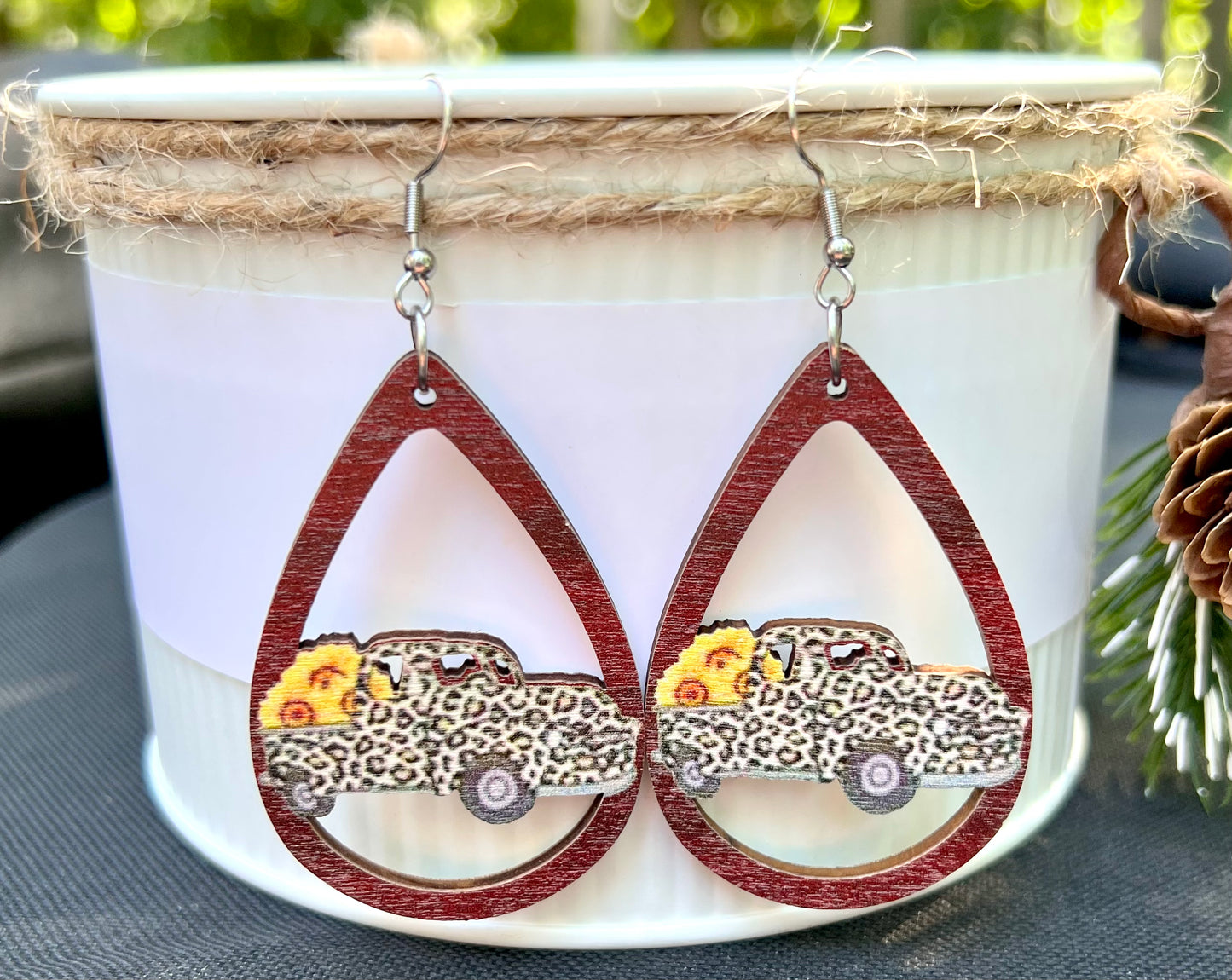 Leopard Truck & Sunflower Fields Teardrop Wooden Earrings