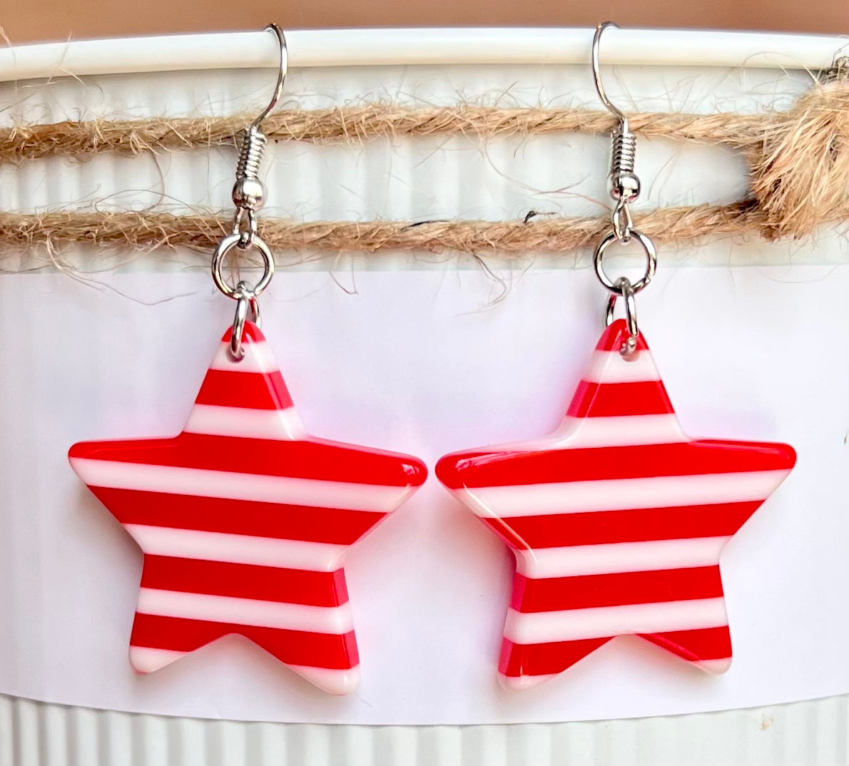 Red & White Stripe Star Acrylic Earrings