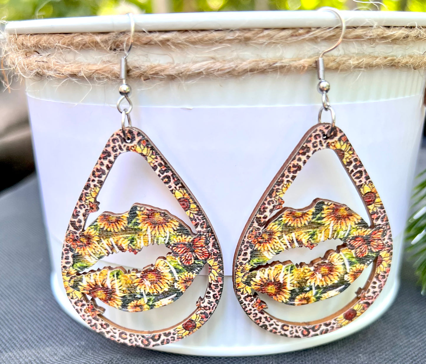 Sunflower Kiss Teardrop Wooden Earrings