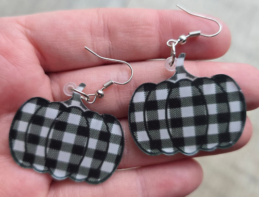 Black White Plaid Pumpkin Earrings