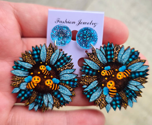 Blue Bumblebee Sunflower Earrings