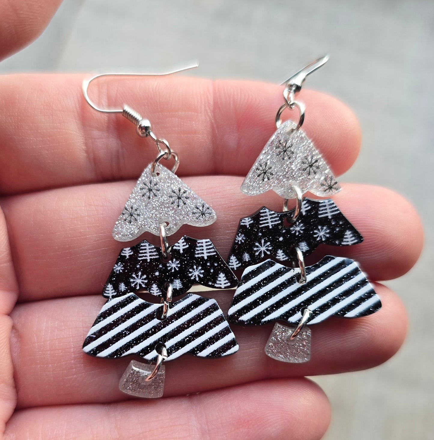 Cut Out White/Black Christmas Tree Earrings