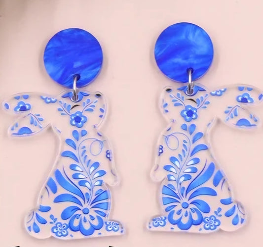 MINI PREORDER Easter Blue FLORAL Bunny ACRYLIC STUD DANGLE EARRINGS