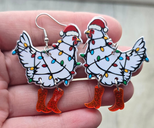 White Chicken Christmas Earrings