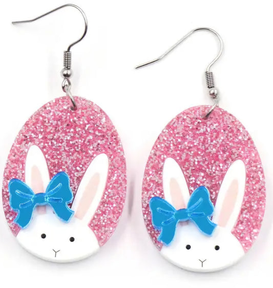 MINI PREORDER EASTER BLUE BOW BUNNY EGG ACRYLIC DANGLE EARRINGS