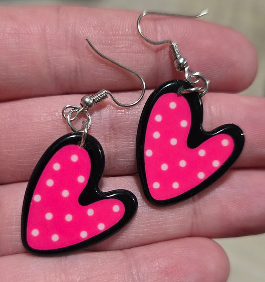 Pink Polka Dot Heart Earrings