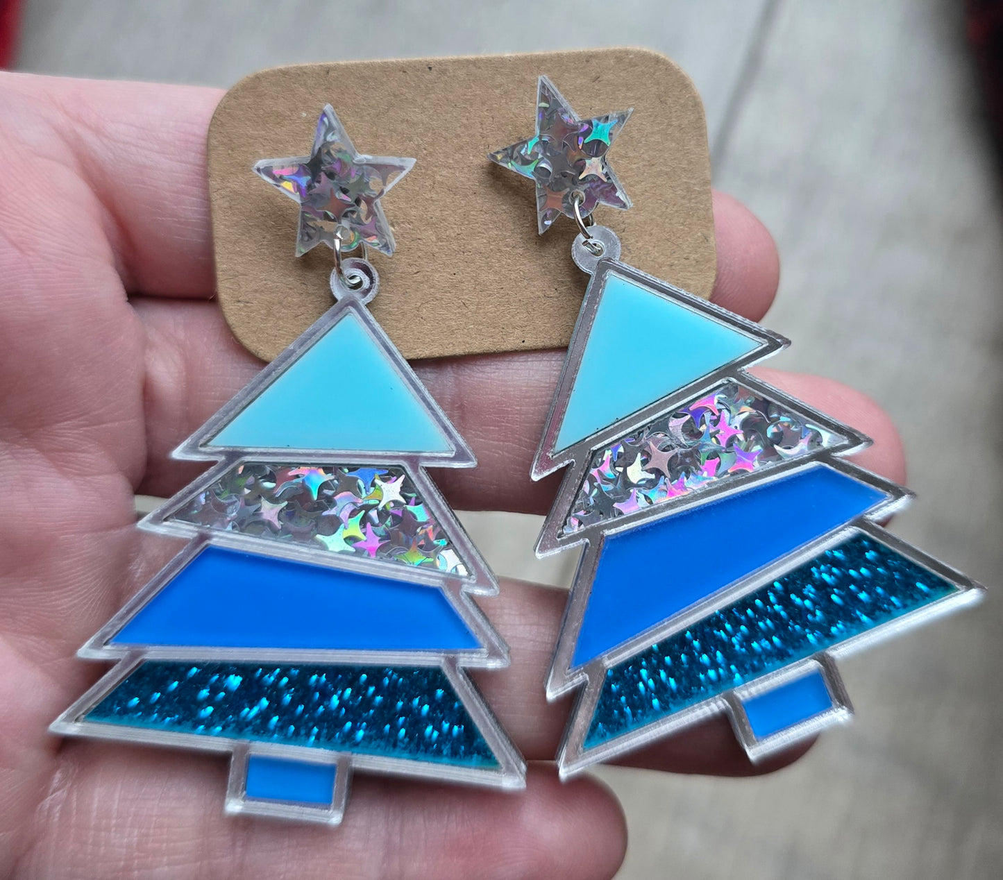 Blue Glitter Christmas Tree Earrings