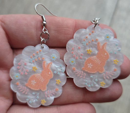 Floral White Iridescent Bunny Earrings