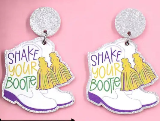 MINI PREORDER MARDI GRAS SHAKE YOUR BOOTS ACRYLIC STUD DANGLE EARRINGS