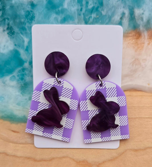 EASTER PURPLE CHECKERED BUNNY ACRYLIC STUD DANGLE EARRINGS