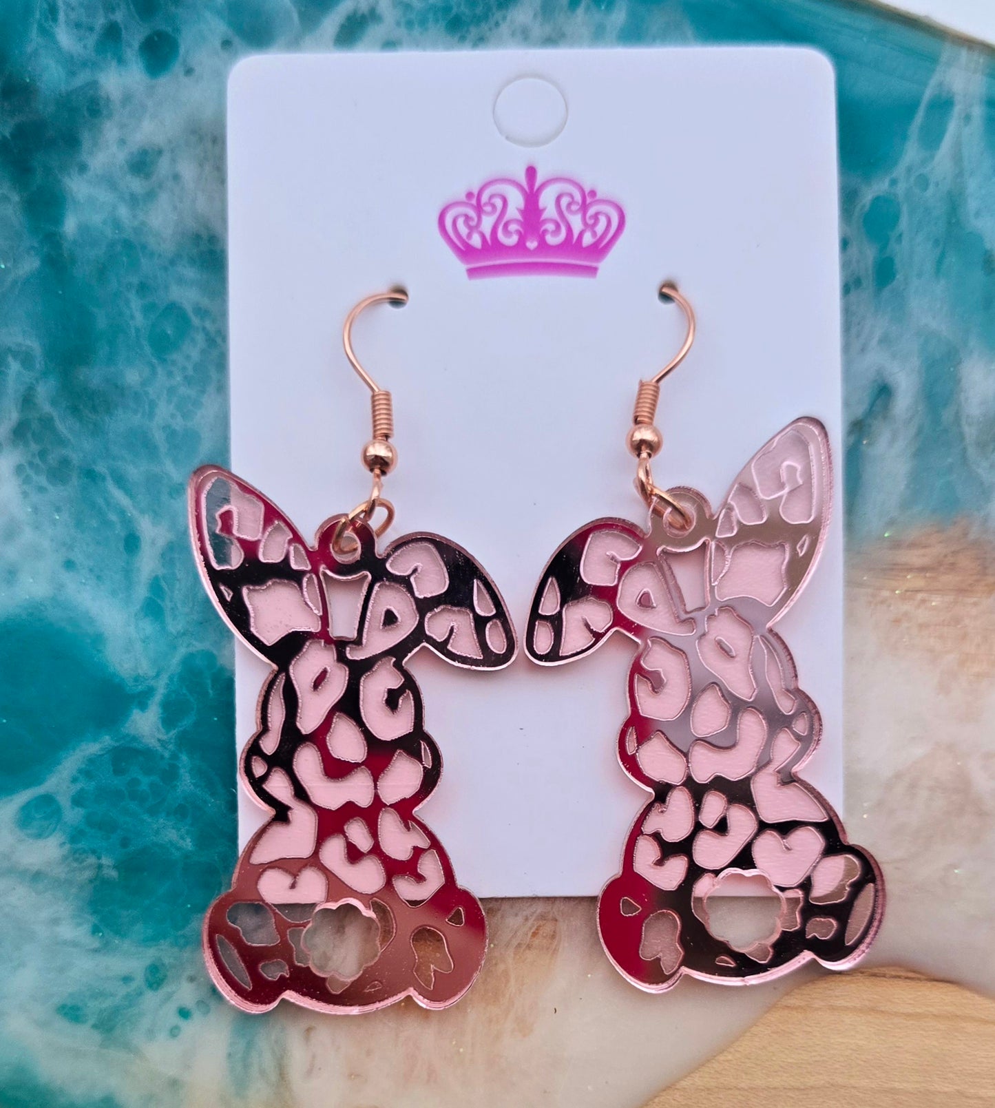 EASTER ROSE GOLD LEOPARD BUNNY ACRYLIC STUD DANGLE EARRINGS