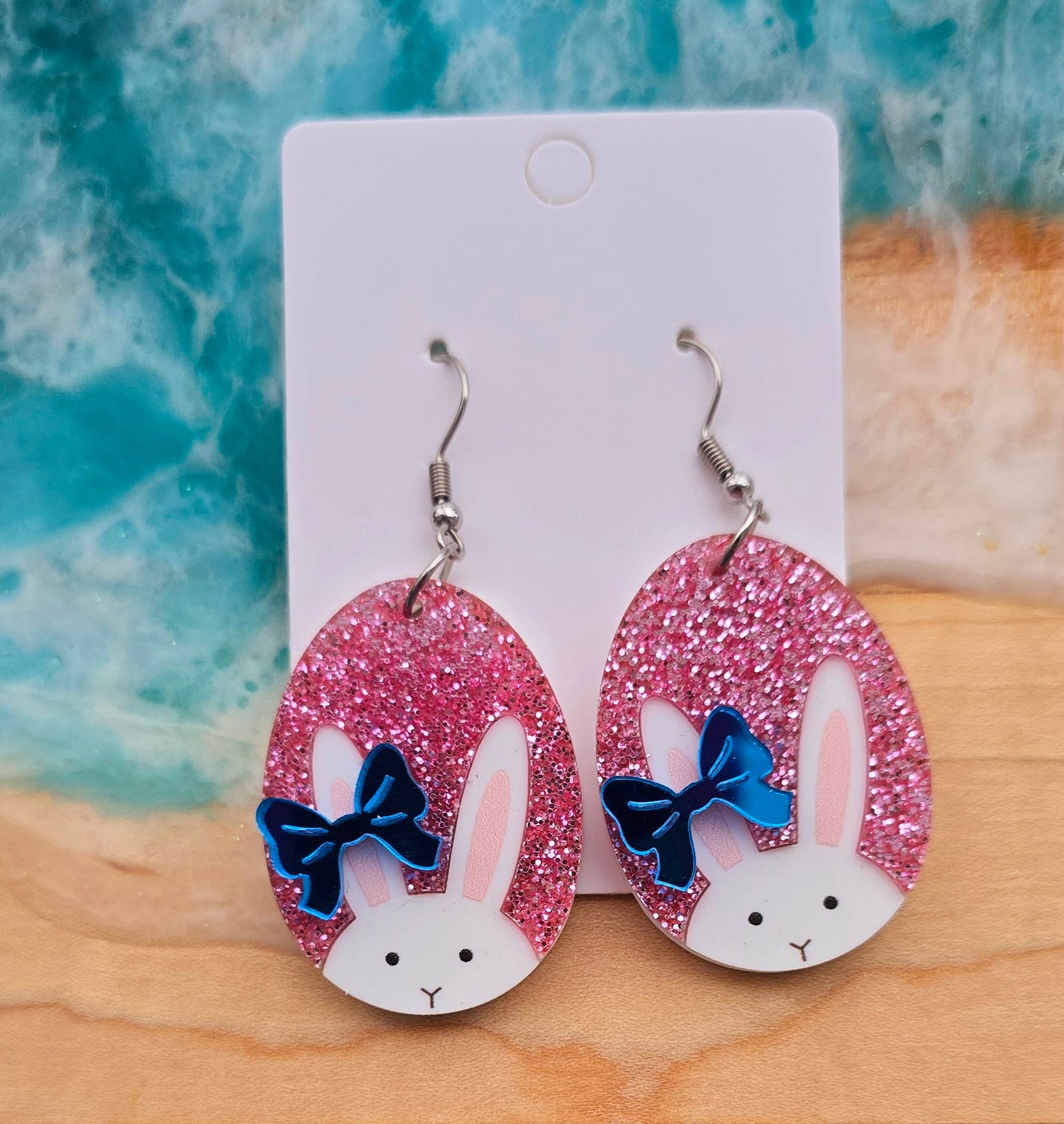 EASTER BLUE BOW BUNNY EGG ACRYLIC DANGLE EARRINGS