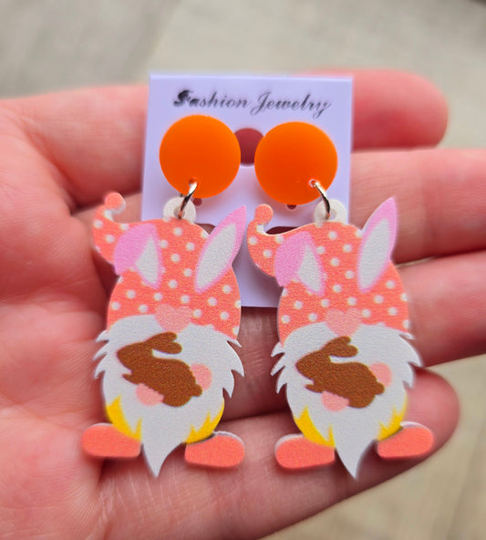 Easter Orange Polka Dot Ghome Bunny Earrings