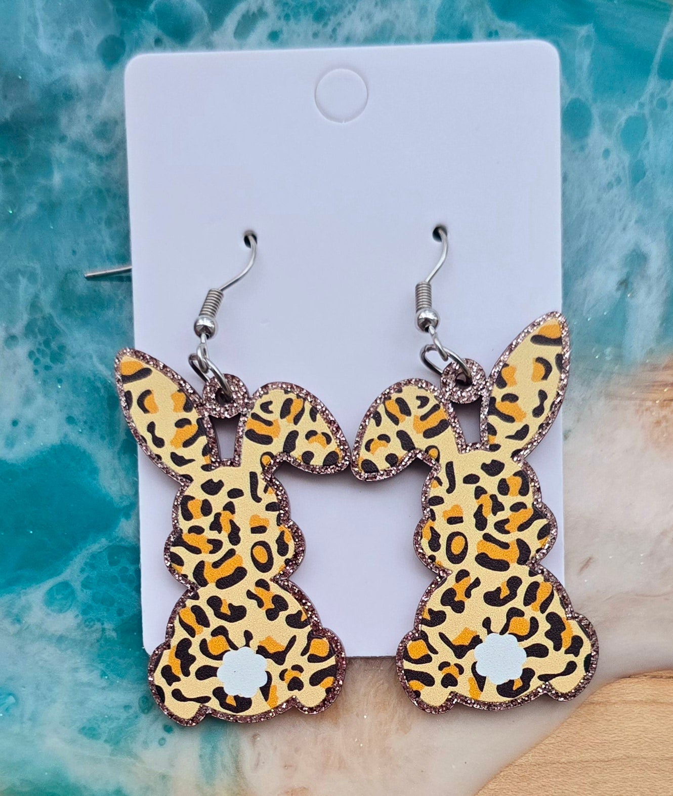 EASTER BROWN LEOPARD BUNNY ACRYLIC STUD DANGLE EARRINGS