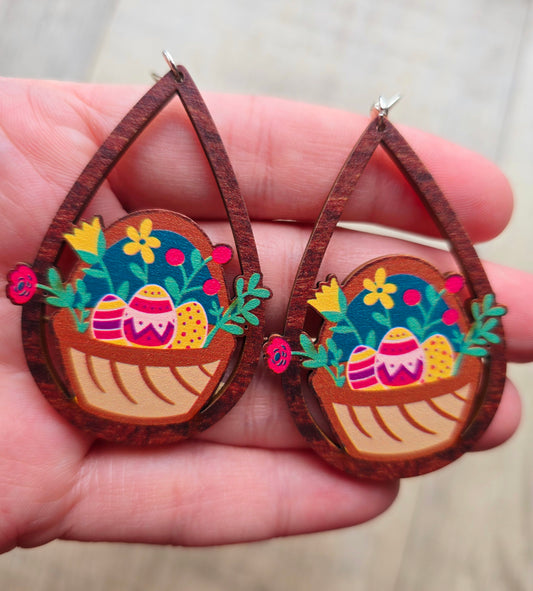 Easter Egg Basket Wooden Teardrop Earrings