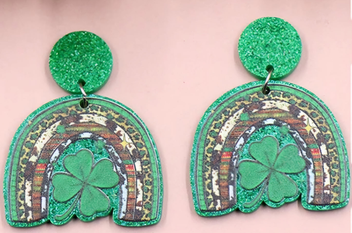 MINI PREORDER DAY ST PATRICKS DAY SHAMROCK PATTERN RAINBOW ACRYLIC STUD DANGLE EARRINGS