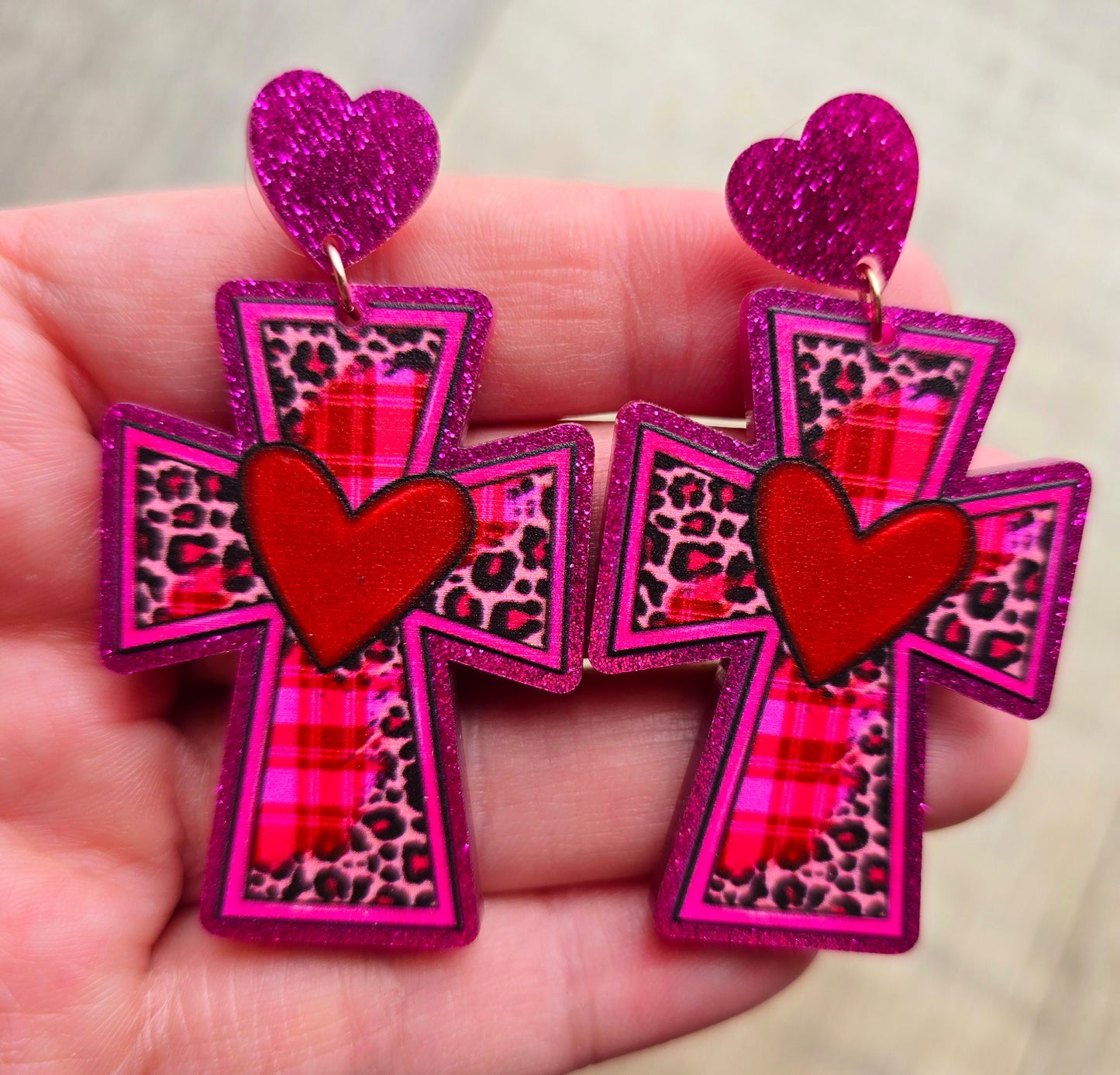 Easter Pink Leopard Cross Earrings