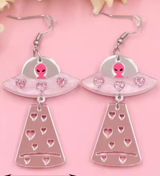 MINI PREORDER VALENTINES DAY PINK UFO HEART ACRYLIC STUD DANGLE EARRINGS