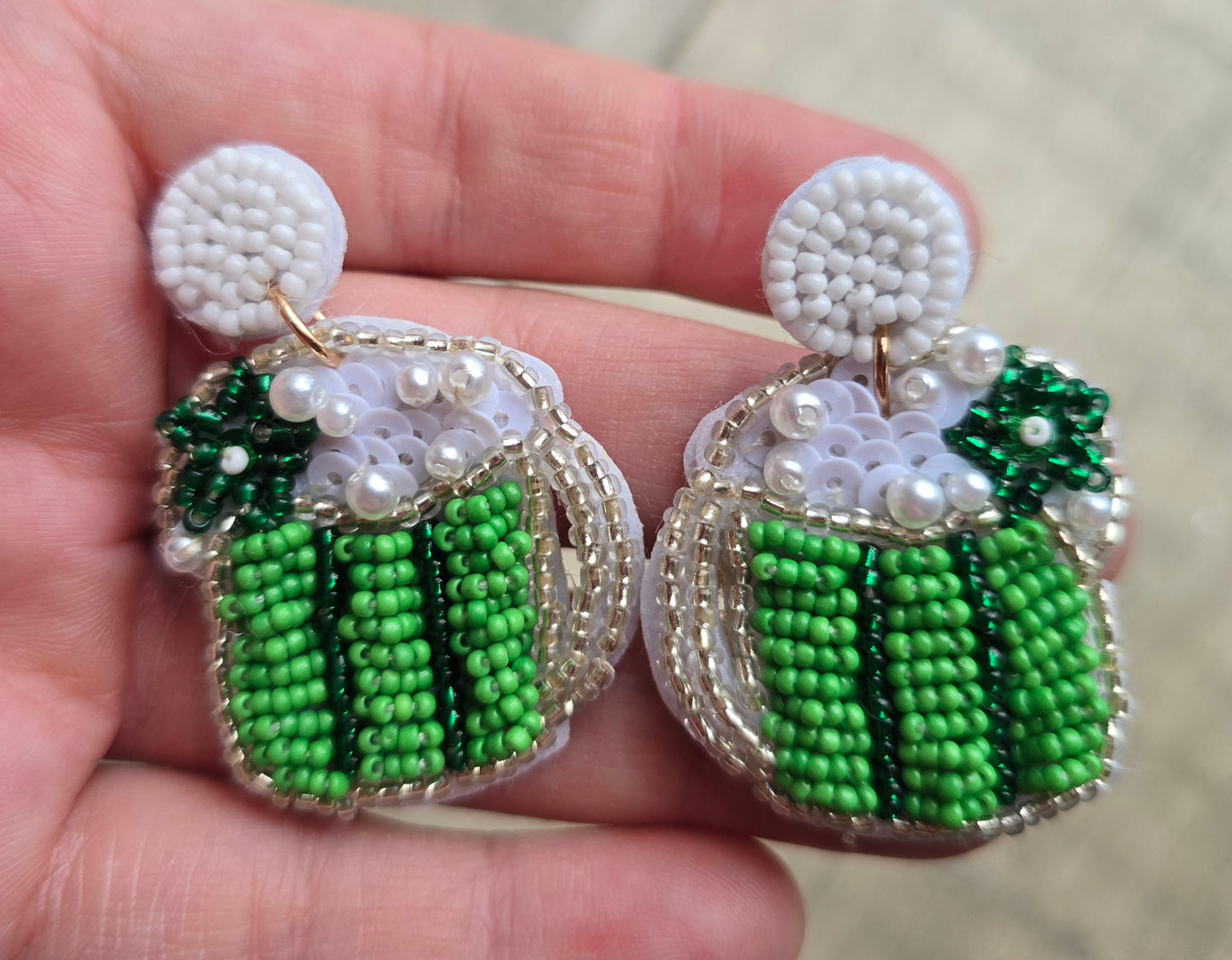 Green Beer Seed Bead Earrings