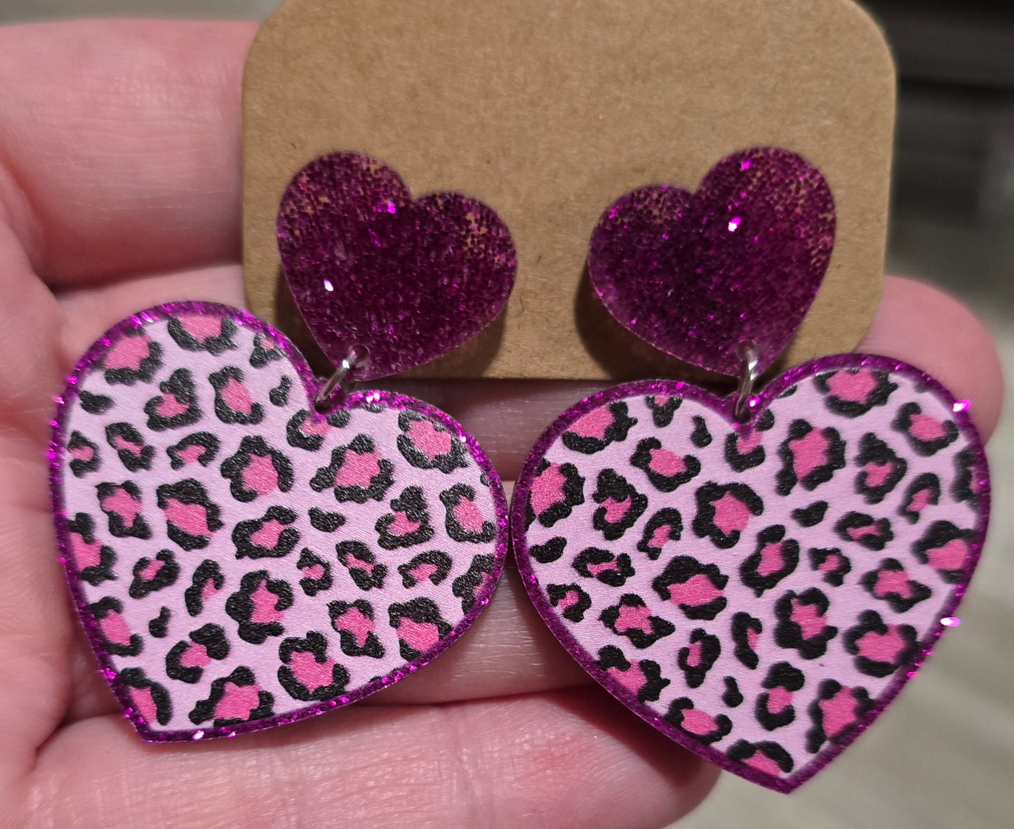 Pink Leopard Heart Earrings