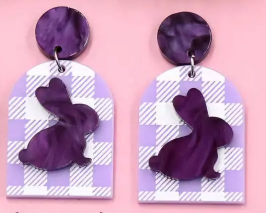 MINI PREORDER EASTER PURPLE CHECKERED BUNNY ACRYLIC STUD DANGLE EARRINGS