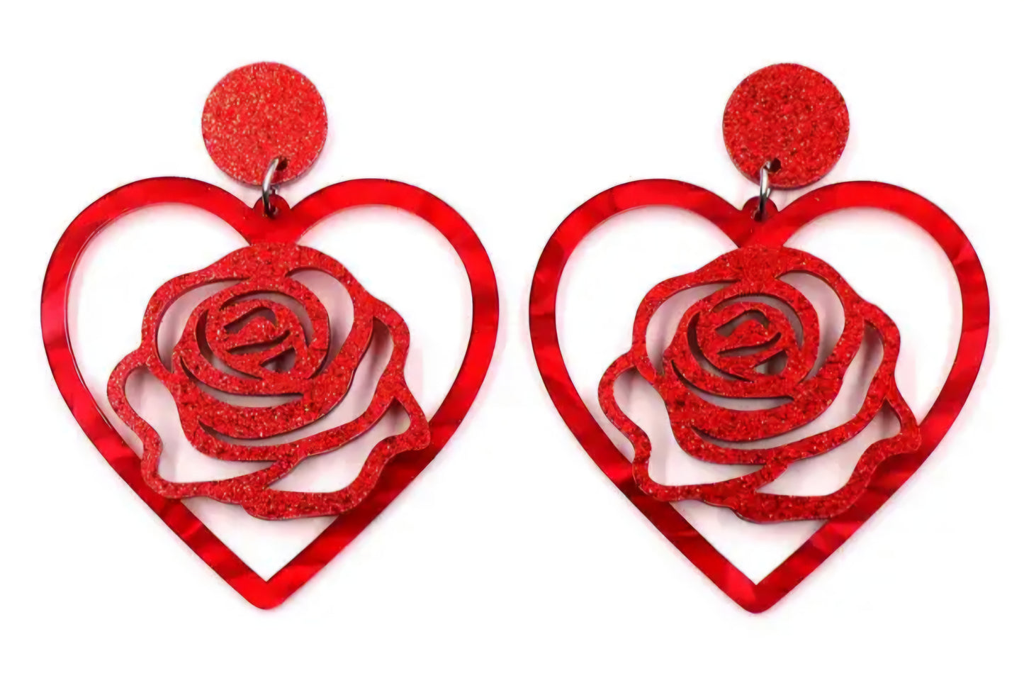 MINI PREORDER RED ROSE HEART ACRYLIC DANGLE EARRINGS