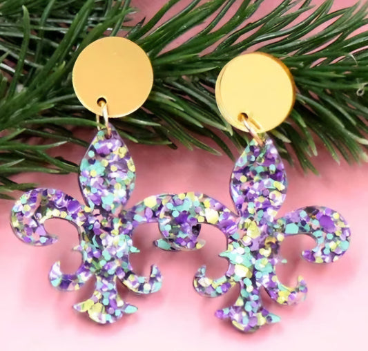 MINI PREORDER MARDI GRAS Glitter Fleur-de-lis ACRYLIC STUD DANGLE EARRINGS