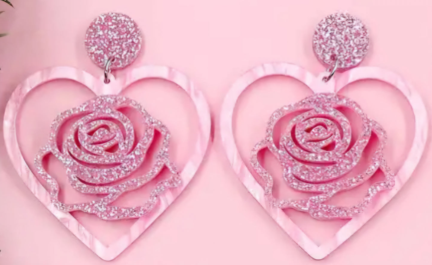 MINI PREORDER PINK ROSE HEART ACRYLIC DANGLE EARRINGS