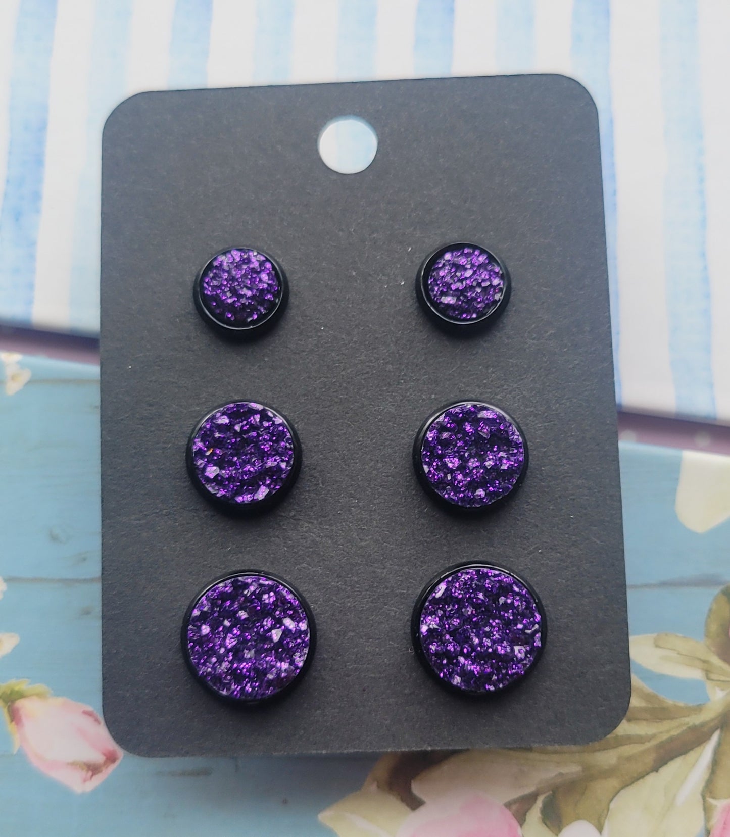 PURPLE Black Bezel Druzy Earrings