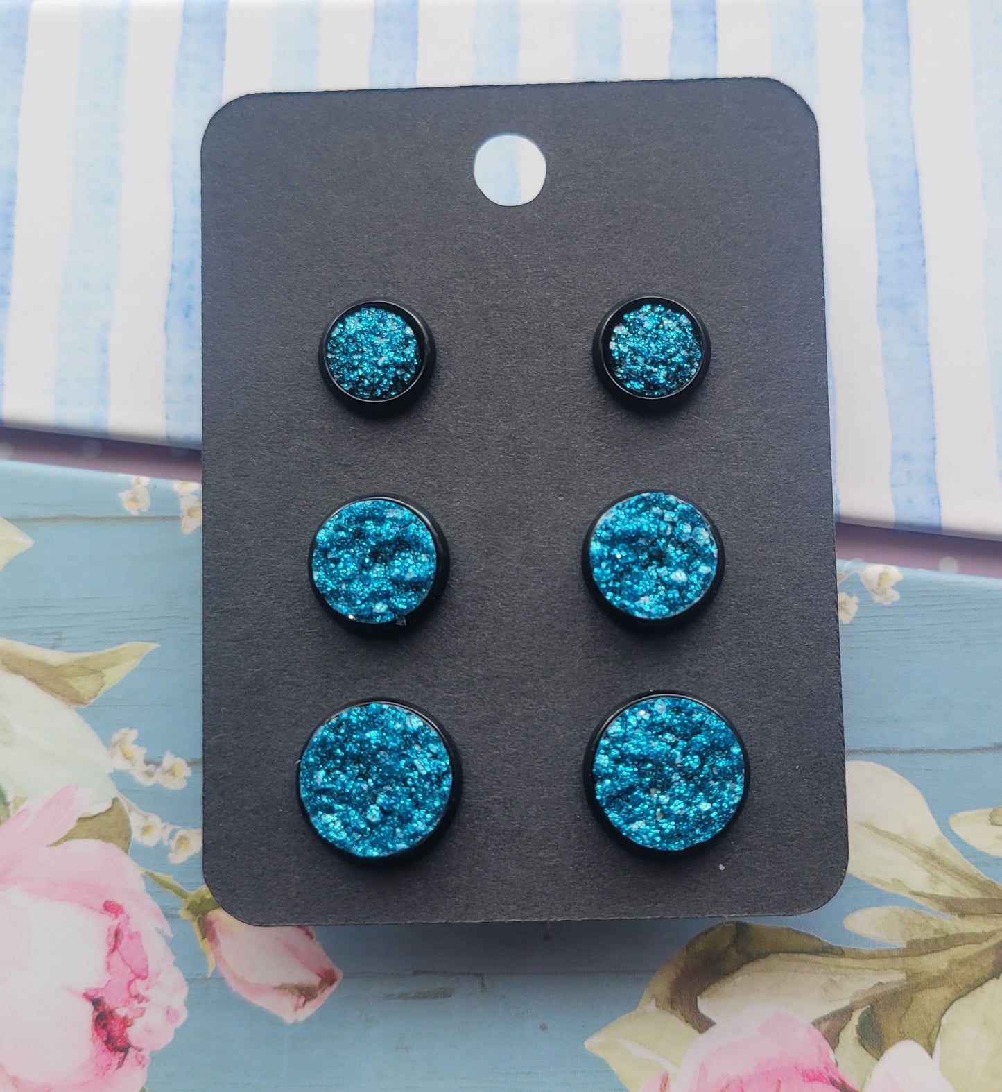 SKY BLUE Black Bezel Druzy Earrings