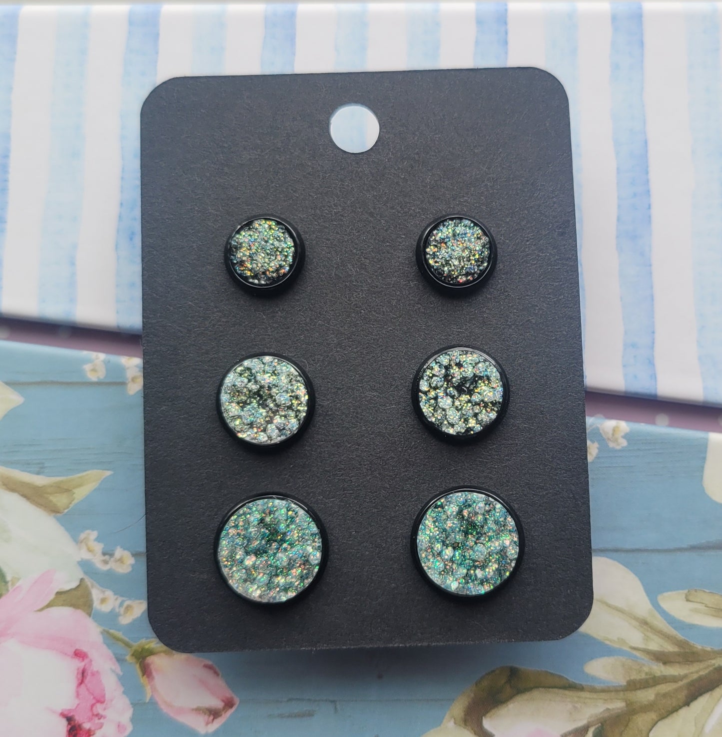 IRIDESCENT GALAXY GLITTER Black Bezel Druzy Earrings