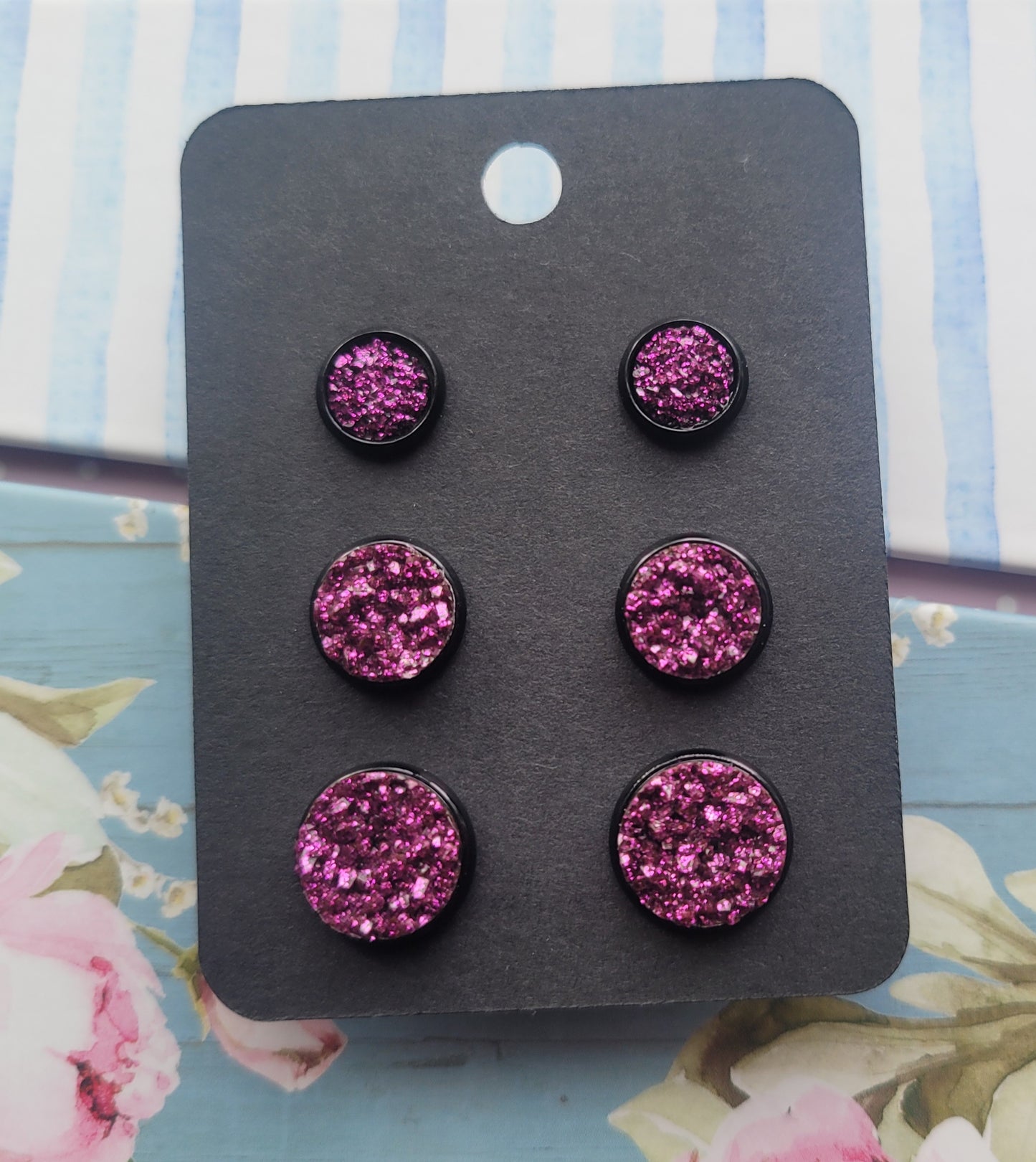 FUSCHIA GLITTER Black Bezel Druzy Earrings