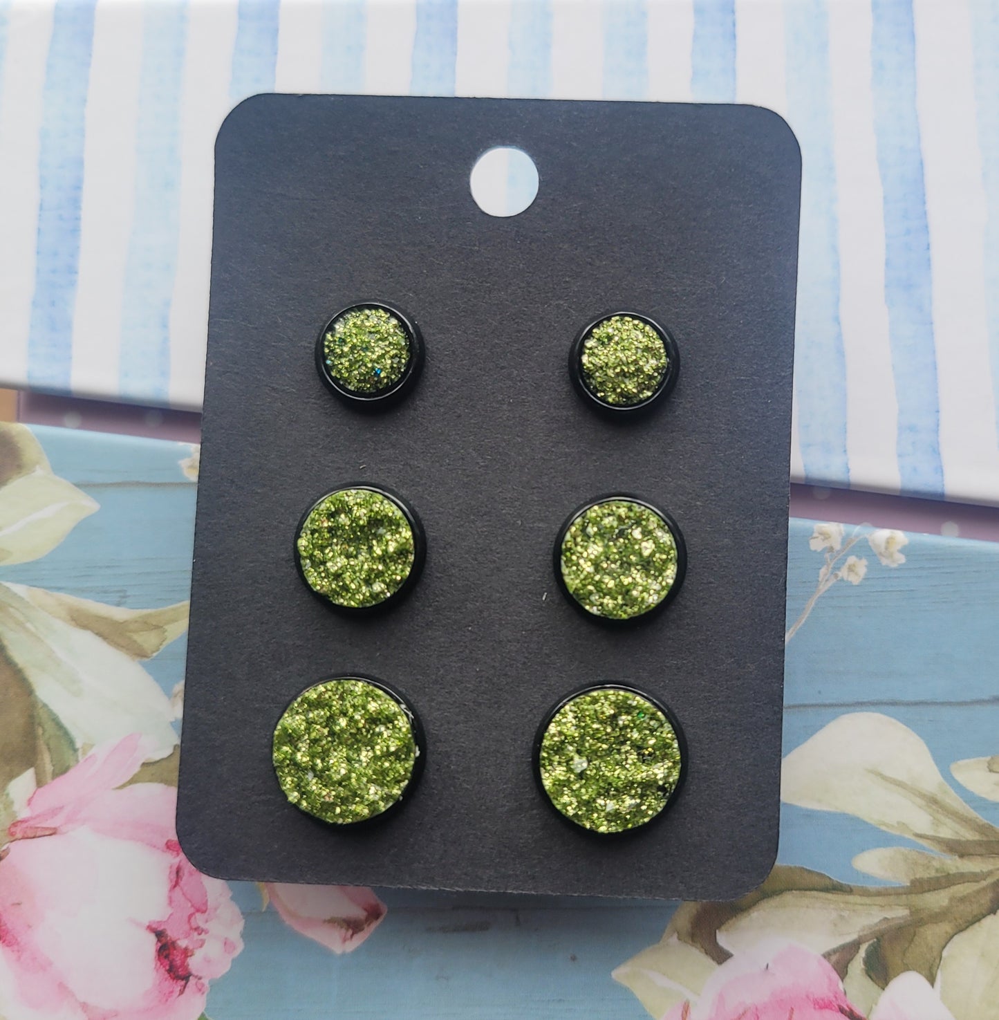 OLIVE GREEN GLITTER Black Bezel Druzy Earrings